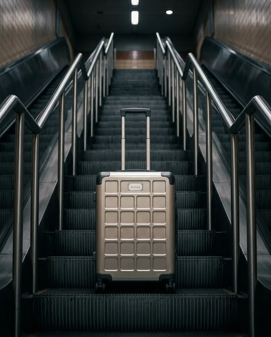 An aluminium suitcase alone at the top of a dark escalator.