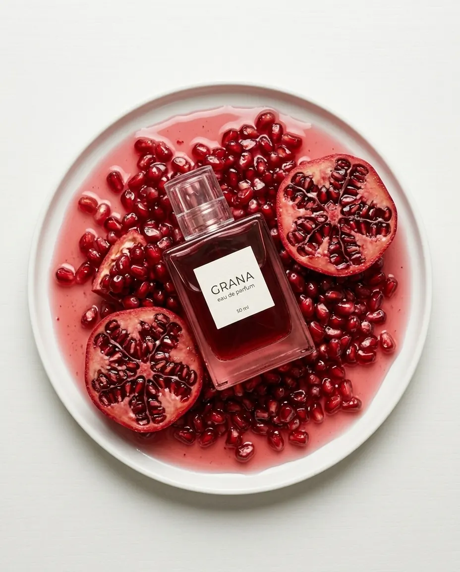 A red perfume bottle on a white plate with open pomegranates and seeds in syrup, seen from above.