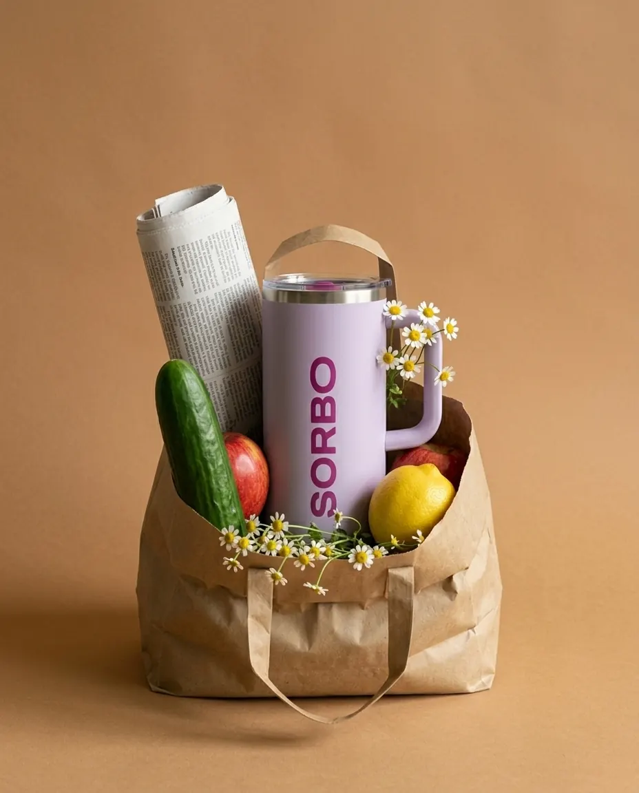 SORBO in a shopping bag with a cucumber and flowers.