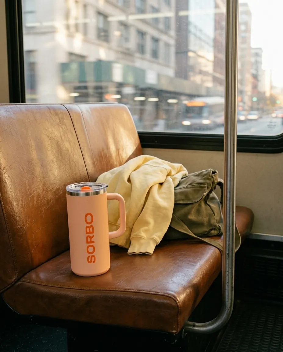 Peach SORBO on the leather seat of a bus.