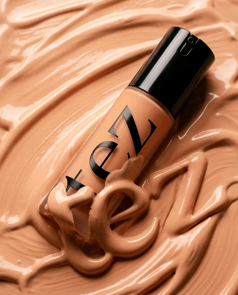 A bottle of tez foundation sunk into a layer of skin-tone foundation, with “tez” written in the product itself.