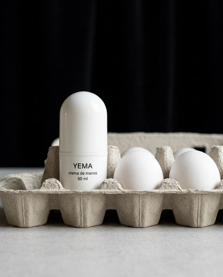 A white YEMA hand cream case in an egg carton, next to two white eggs.