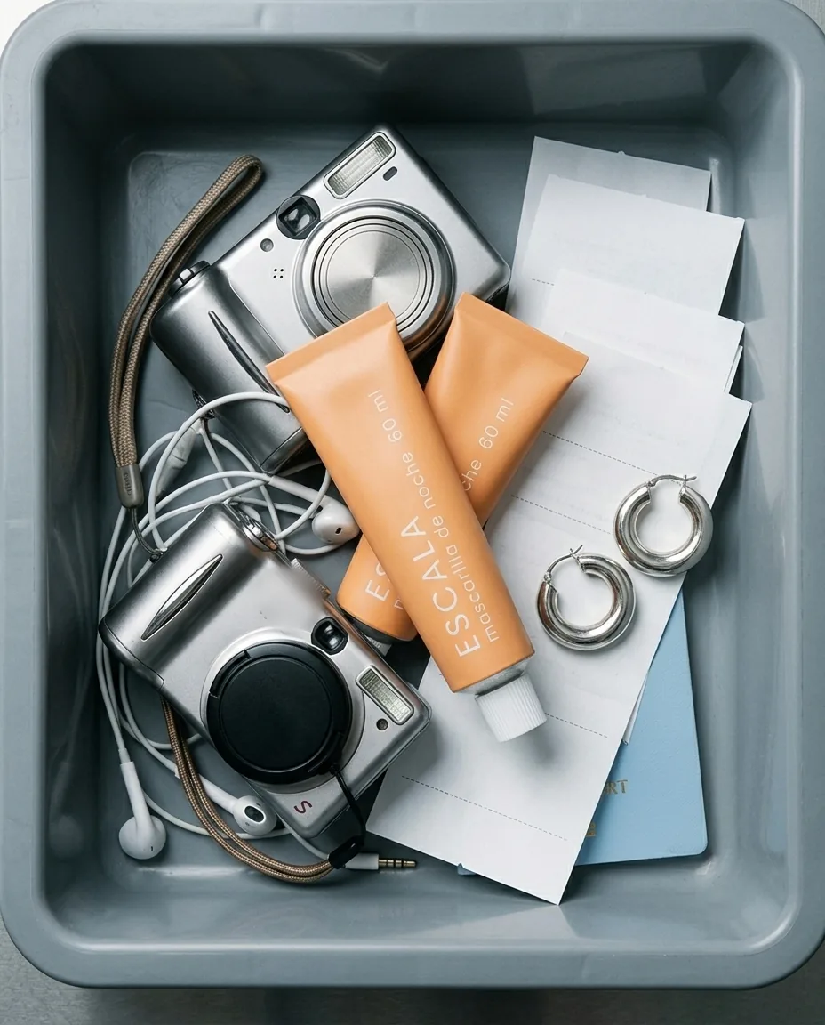 A tray with cameras, headphones and cream tubes, no logos: the version we kept.