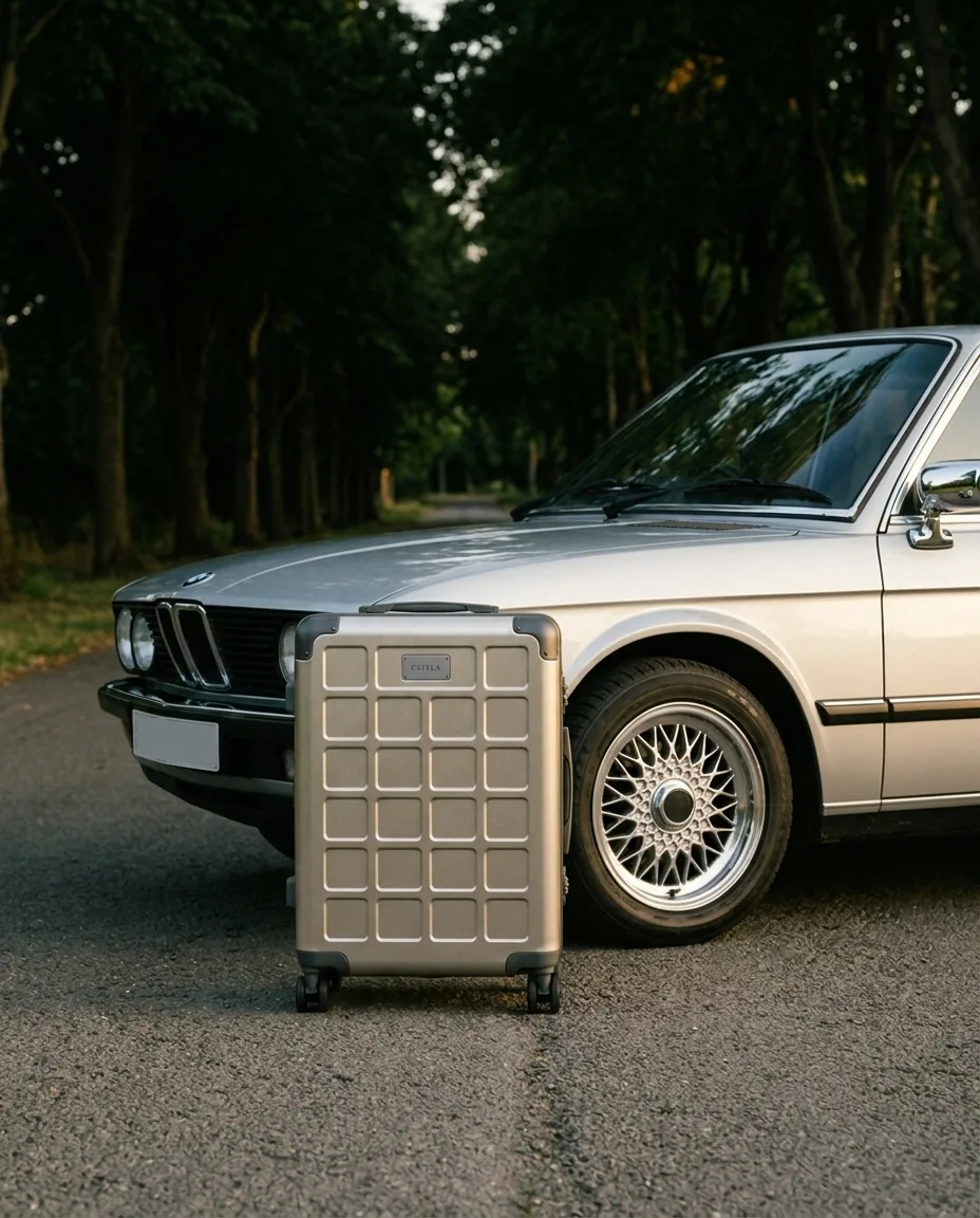 The same photo with a real car brand's badge on the bonnet: the version we discarded.