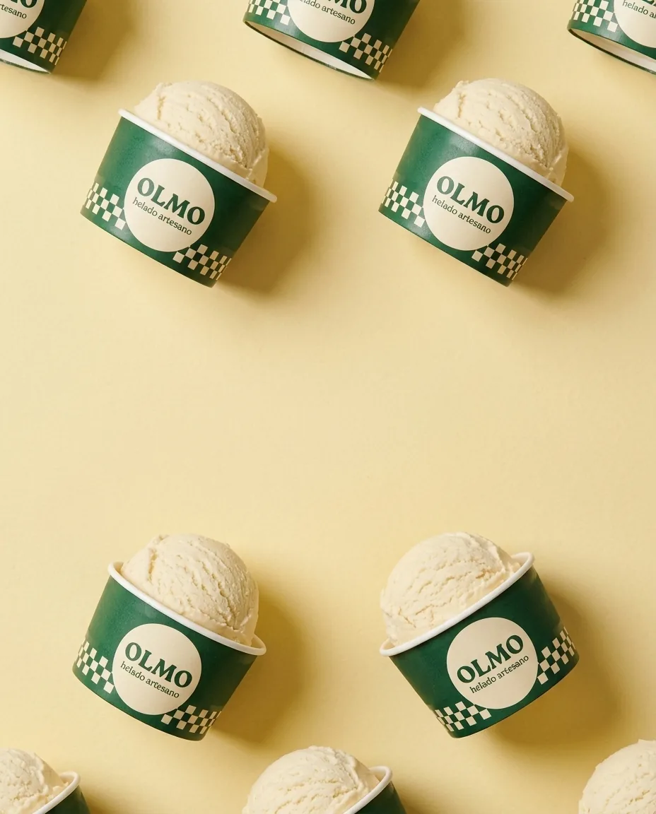 OLMO cups repeated on a yellow background.